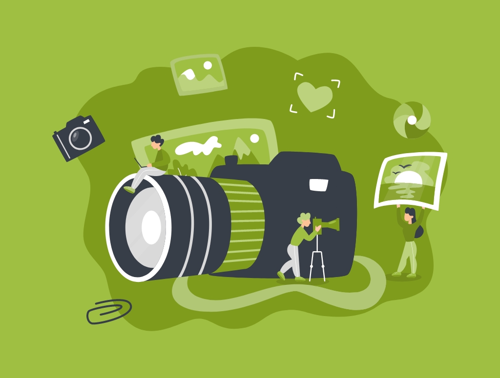 Graphic showing a large camera surrounded by photographers and photography equipment
