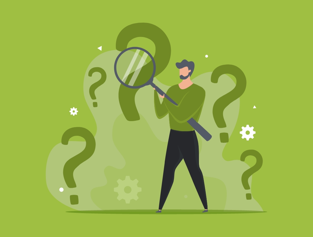 Graphic showing a man holding a magnifying glass surrounded by question marks