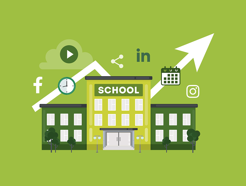 Graphic showing a school surrounded by icons related to marketing