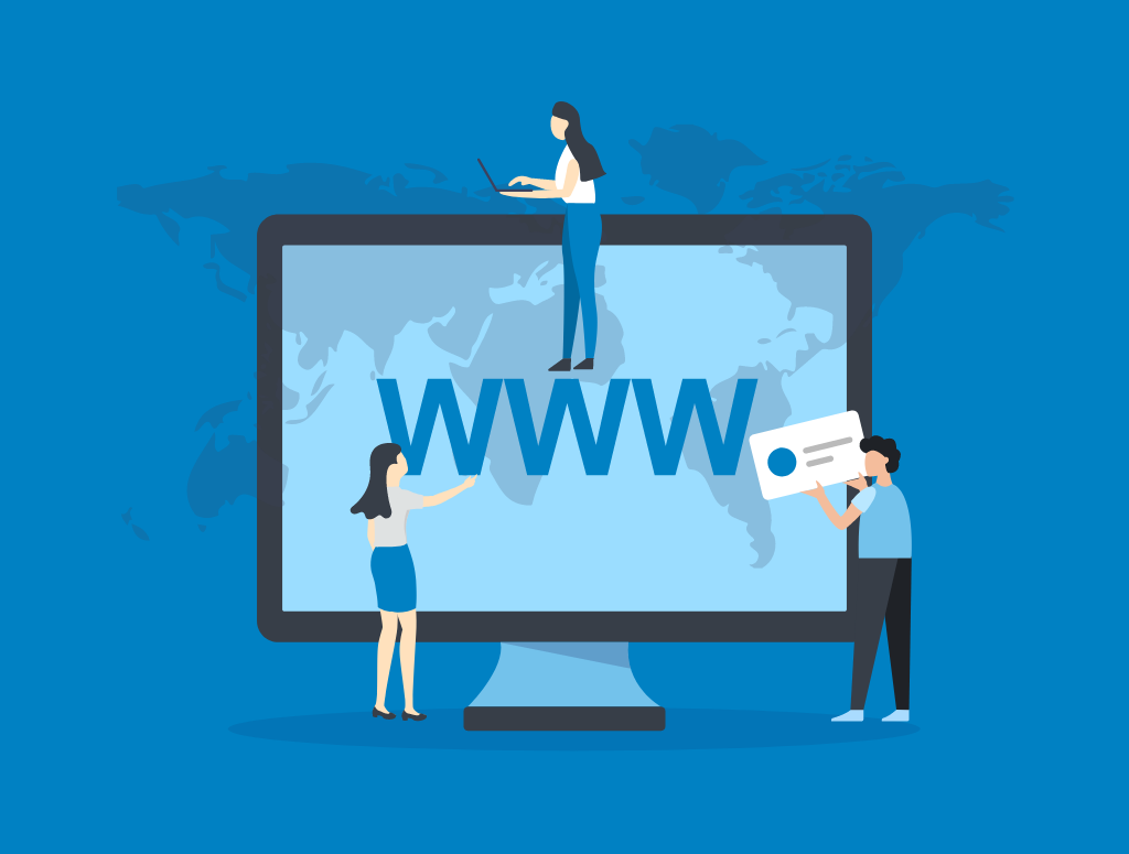 Graphic showing a computer screen with a team creating a domain name