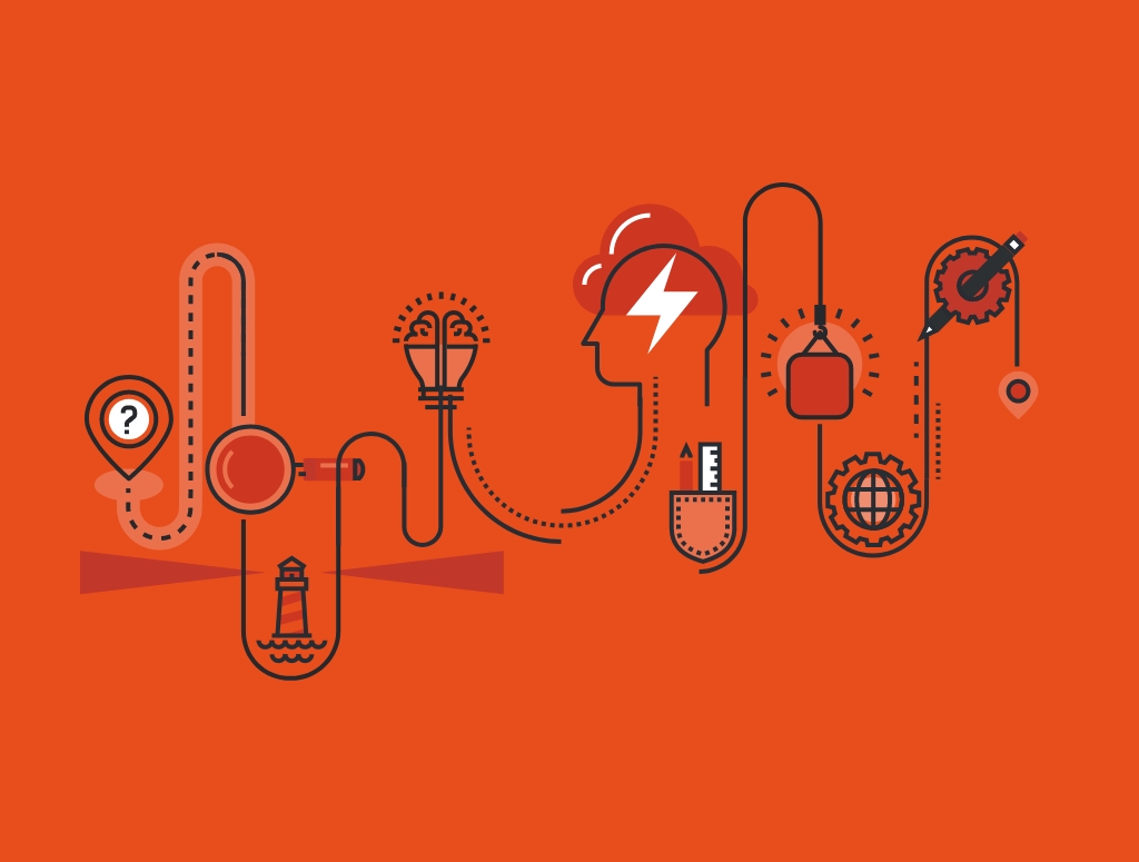 Graphic showing an example process or journey infographic with various icons along the way