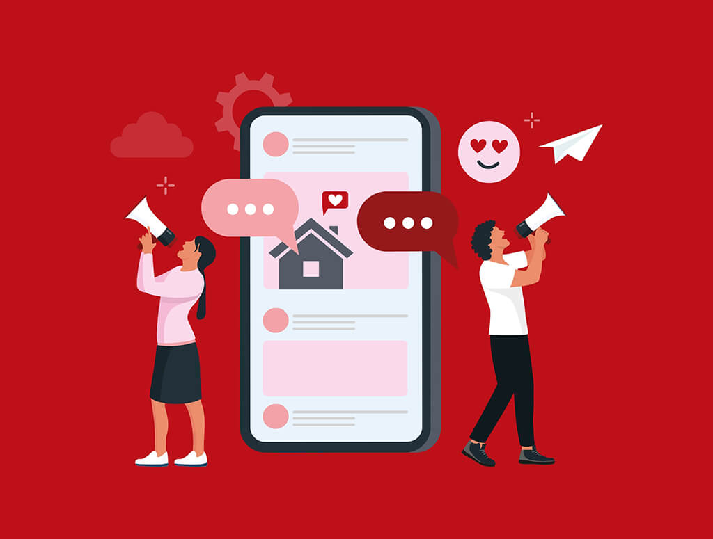 Graphic showing people working on a social media campaign on a phone