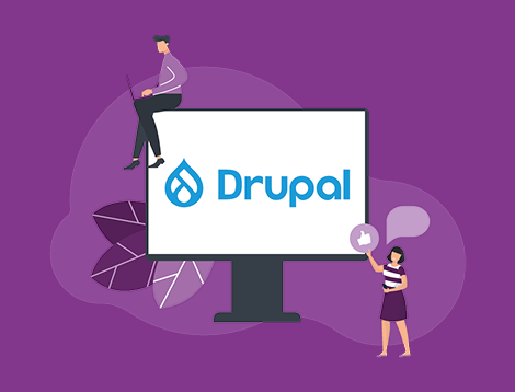 Graphic showing people next to the monitor that says “Drupal”