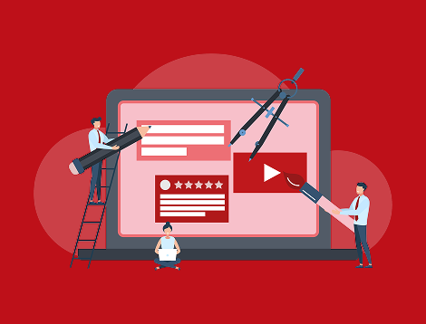 Graphic showing people creating a web page design