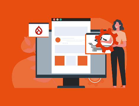Graphic showing a woman standing beside a website built with Drupal