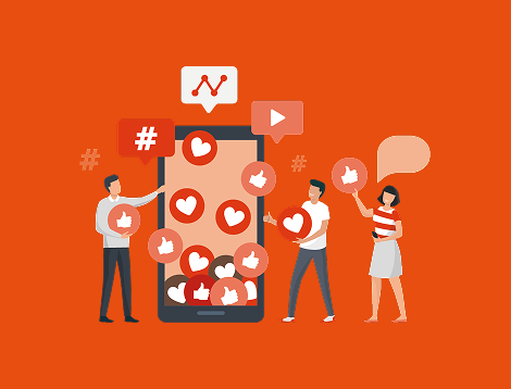 Graphic showing people looking at a phone filled with social media reactions